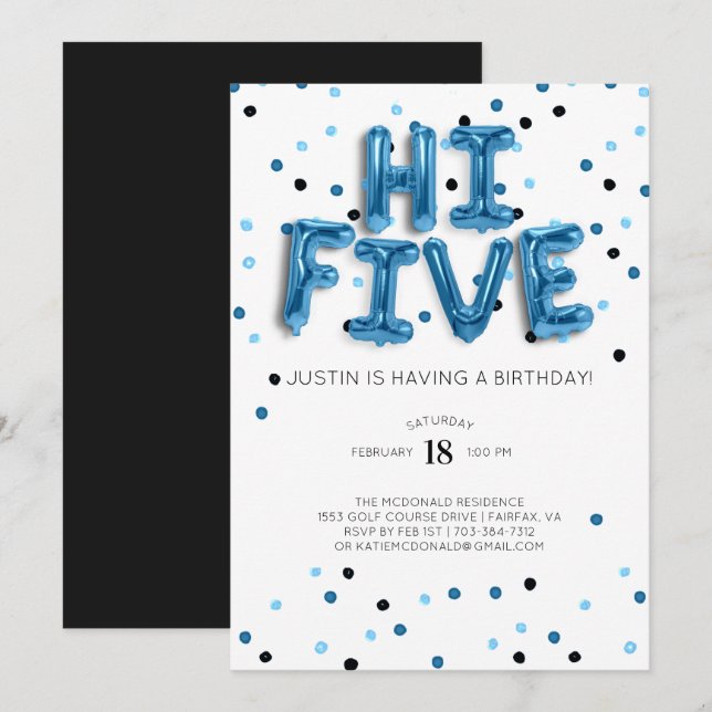 Convites Balões Azuis | Hi Five 5º Aniversário (Frente/Verso)