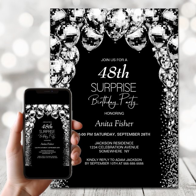 Convites Balões Brancos Pretos Qualquer Surpresa Idade Aniv (Criador carregado)