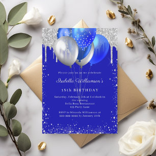 Convites Balões brilhantes de prata azul real aniversário