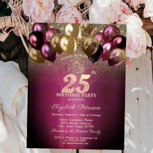 Convites Balões Burgundy com Brilho Aniversário de 25 Anos