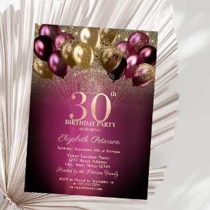 Convites Balões Burgundy com Brilho Aniversário de 30 anos