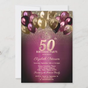 Convites Balões Burgundy com Brilho Aniversário de 50 Anos