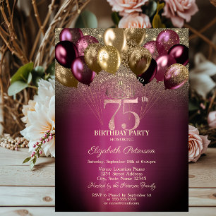 Convites Balões Burgundy com Brilho Aniversário de 75 Anos