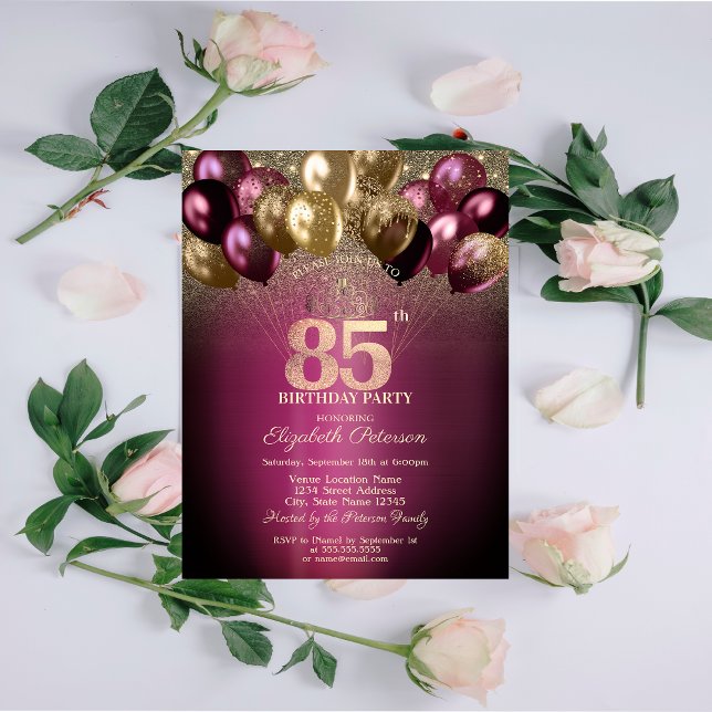 Convites Balões Burgundy com Brilho Aniversário de 85 Anos (Criador carregado)
