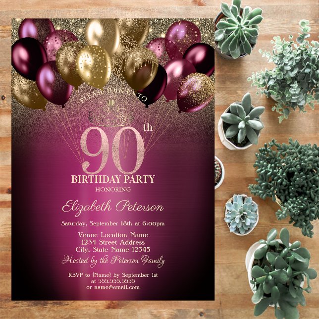 Convites Balões Burgundy com Brilho Aniversário de 90 Anos (Criador carregado)