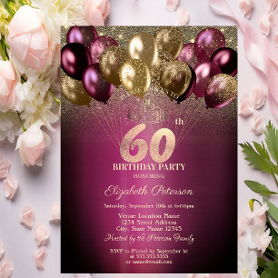 Convites Balões Burgundy Glitter Aniversário de 60 anos