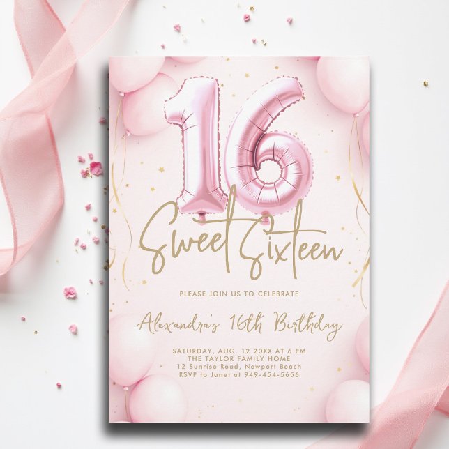 Convites Balões Caligrafia Rosa Elegante Sweet 16 (sweet sixteen invitation 16th birthday party pink balloons calligraphy glam feminine girly)