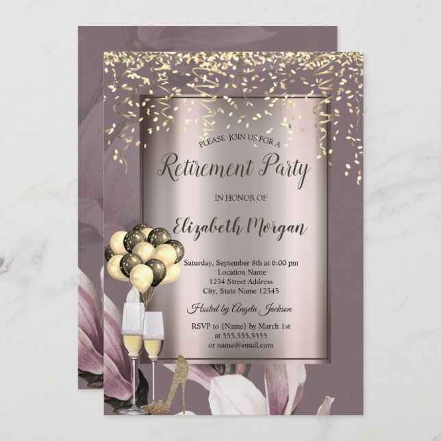 Convites Balões Chic, Aposentação de Flores Confetti Dourad (Frente/Verso)