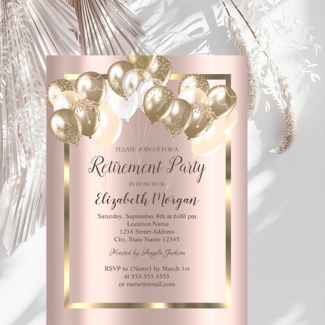 Convites Balões Chic,Quadro,Rosa Dourado,Aposentação (Criador carregado)