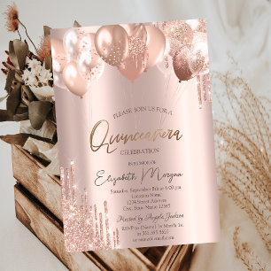Convites Baloes ChicRose Dourado Brilho Gotas Quinceañera