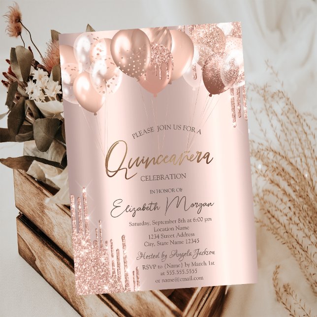 Convites Baloes ChicRose Dourado Brilho Gotas Quinceañera (Criador carregado)