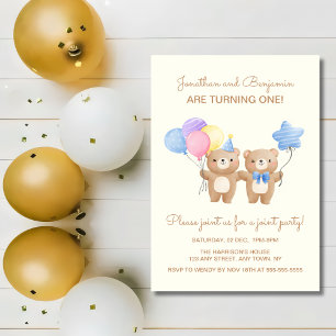 Convites Balões Coloridos Bear Twin Boys Aniversário Comum