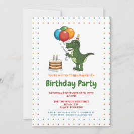Convites Balões Coloridos de Aniversário de Tiranossauro Re