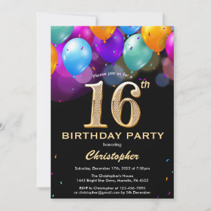 Convites Balões Coloridos Preto e Dourado de Aniversário de