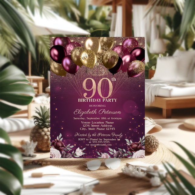 Convites Balões com Brilho Borgonha Flores 90º Aniversário (Criador carregado)