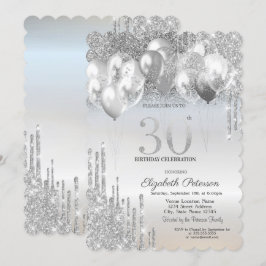 Convites Balões com Efeito de Glitter Prateado Elegante par