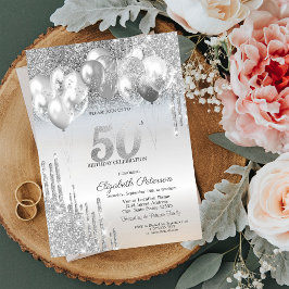 Convites Balões com Gotas de Brilho Prateado Aniversário de