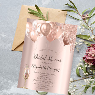 Convites Balões com Gotejamento de Glitter Dourado Rosa Chá