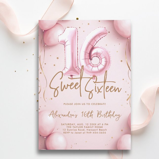 Convites Balões cor-de-rosa Caligrafia Dourada elegante Swe (sweet sixteen invitation 16th birthday party pink gold balloons calligraphy glam feminine)