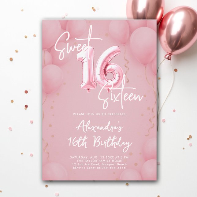 Convites Balões cor-de-rosa caligrafia elegante Moderno Swe (sweet sixteen invitation 16th birthday party pink balloons calligraphy milestone glam feminine)