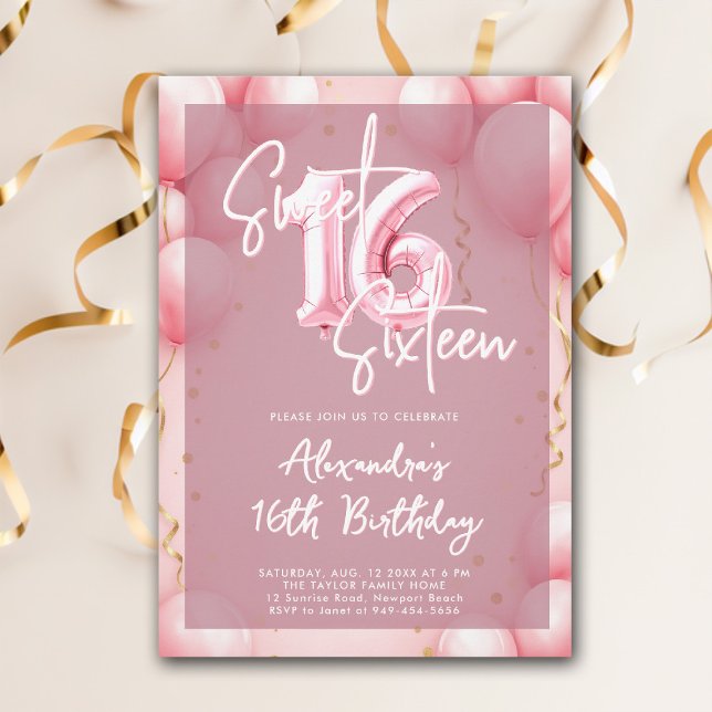 Convites Balões cor-de-rosa Caligrafia moderna elegante Swe (sweet sixteen invitation birthday party pink balloons modern calligraphy milestone glam feminine)