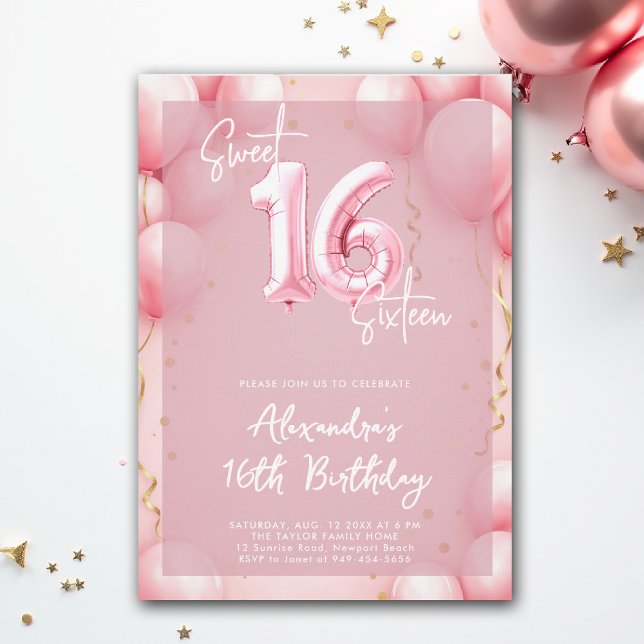 Convites Balões cor-de-rosa caligrafia moderna elegante Swe (sweet sixteen invitation birthday party pink balloons calligraphy milestone glam feminine)