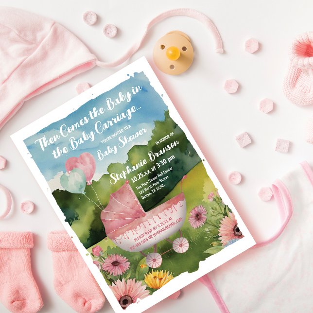 Convites Balões cor-de-rosa Chá de fraldas de aquarela (Criador carregado)