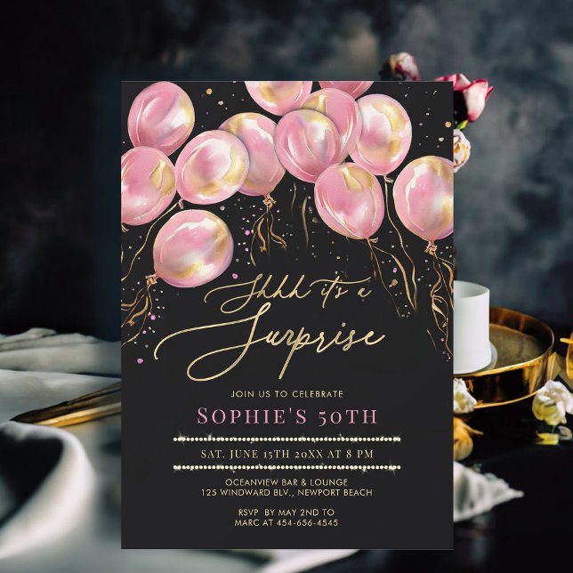 Convites Balões cor-de-rosa Dourados negro 50º aniversário (50th birthday invitations for women surprise party balloons arch pink gold black calligraphy modern )