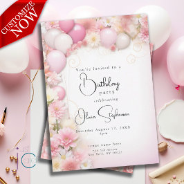 Convites Balões Cor-de-Rosa e Margaridas de Aniversário QR