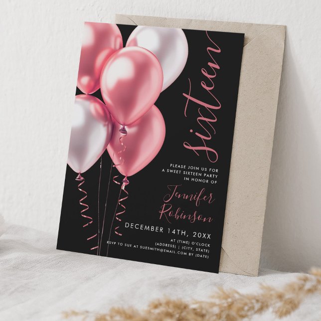 Convites Balões cor-de-rosa esbranquiçados mínimos Doce 16  (Minimal Blush Pink Balloons Sweet 16 Birthday Black Invitation)