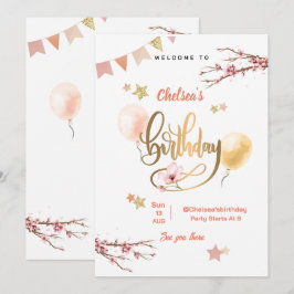 Convites Balões Cor-de-Rosa Florais em Aquarela Aniversário