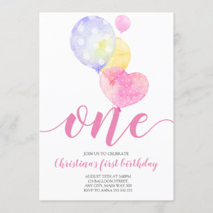 Convites Balões cor-de-rosa Garota Primeiro Aniversário U