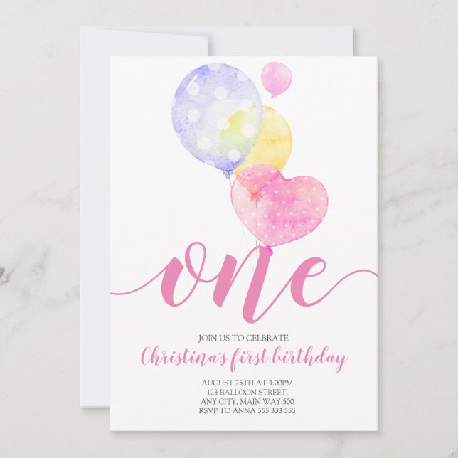 Convites Balões cor-de-rosa Garota Primeiro Aniversário Um  (Frente)