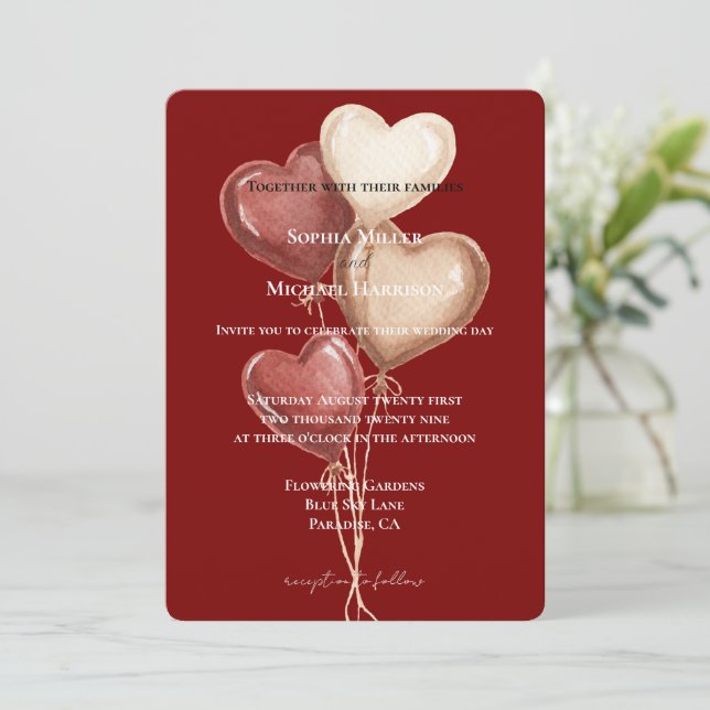 Convites Balões Coração Creme Vermelho Casamento (Em pé/Frente)