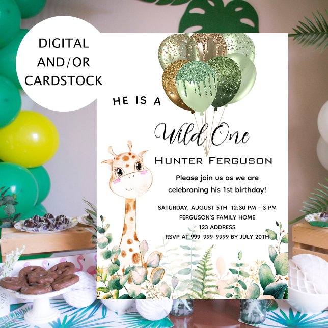 Convites Balões da selva de girafa selvagem de um primeiro  (Criador carregado)