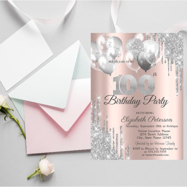 Convites Balões de 100ª Festa de aniversário de Glitter de  (Criador carregado)