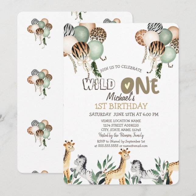 Convites Balões de Animais da Selva 1º Aniversário (Frente/Verso)