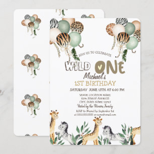 Convites Balões de Animais da Selva 1º Aniversário