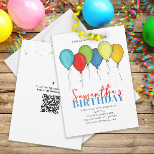 Convites Balões de Aniversário Confetti Código QR Mídia Soc