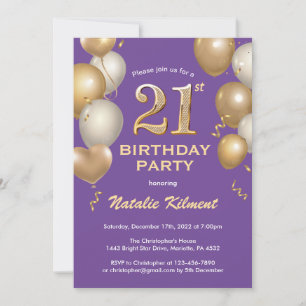 Convites Balões de aniversário de 21 anos púrpura e Dourada