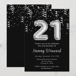 Convites Balões de aniversário de 21 anos Silver com Confet