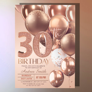 Convites Balões de Aniversário de 30 anos em Rose Gold Glam