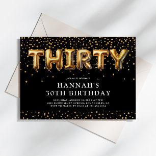 Convites Balões de Aniversário de 30 anos Preto e Dourado