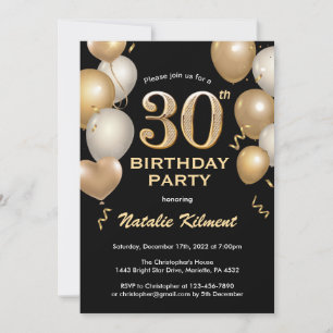 Convites Balões de aniversário de 30 anos preto e Dourado b