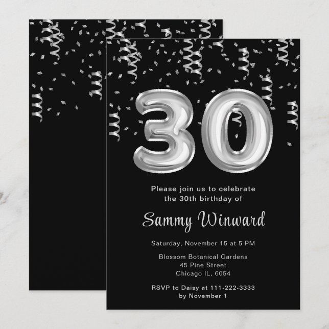 Convites Balões de aniversário de 30 anos Silver com Confet (Frente/Verso)