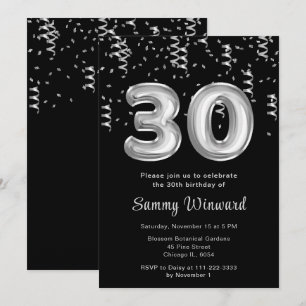 Convites Balões de aniversário de 30 anos Silver com Confet