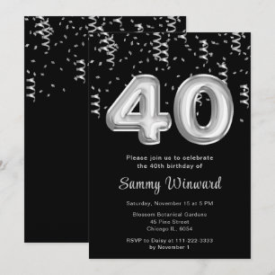Convites Balões de aniversário de 40 anos Silver com Confet