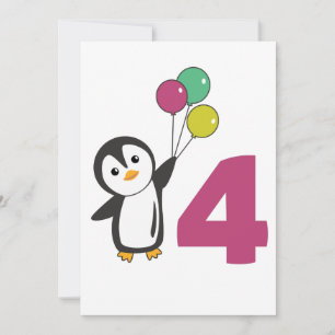 Convites Balões de Aniversário de Quatro Anos de Pinguim Pa