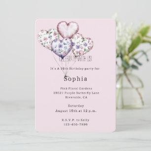 Convites Balões de Aniversário Florais Rosa e Roxo em Forma