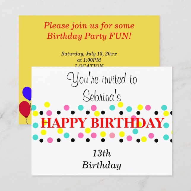 Convites Balões de Aniversário Pontos Polca (Frente/Verso)